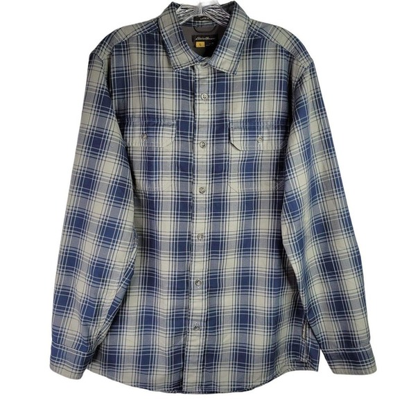 Eddie Bauer Mens Medium Travex LS Blue Gray Plaid Button Down Shirt Hike Camp - Picture 2 of 9